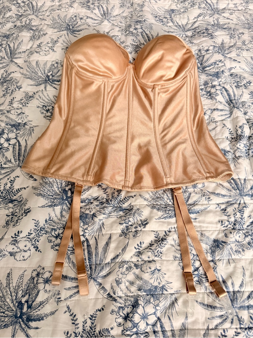 Satin Strapless Bustier Corset with Adjustable Garter Straps - Nude / Champagne